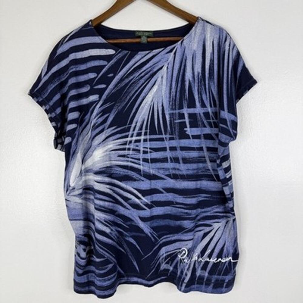 Ralph Lauren Tropical Palm Stripe Top 2X Plus Blue Dolman Tee Shirt Womens